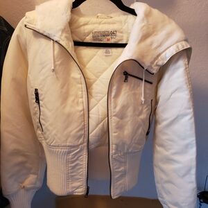 GUESS Women's Off-White Puffer Jacket with Faux Fur Hood